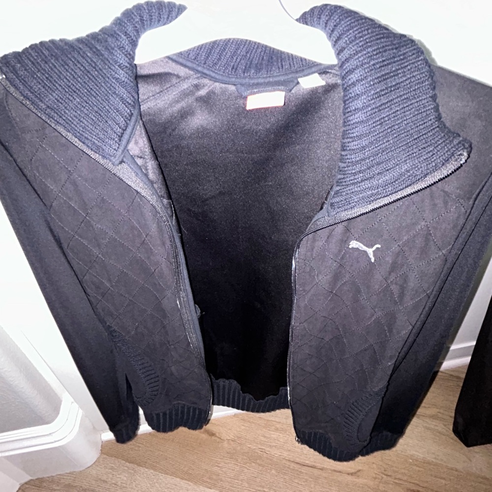 PUMA Dark charcoal/Black Suede Polyester Ribbed Knit Trim Logo Jacket XS